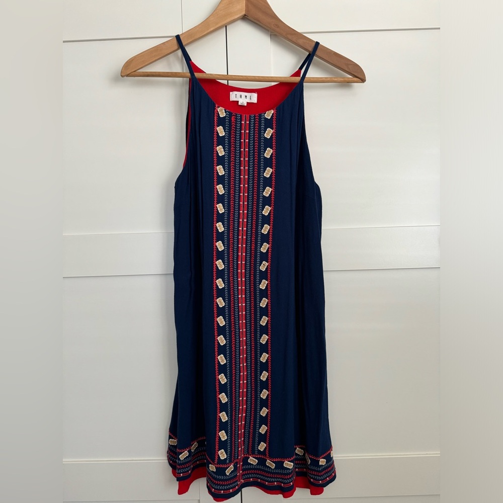 THML embroidered geometric design bohemian a line blue mini dress